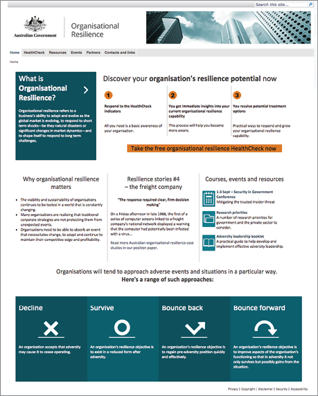 A screenshot of the organisational resilience website.
