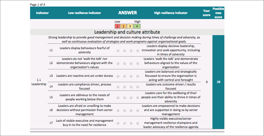 A screenshot of the organisational resilience website’s ‘leadership and culture attribute’ page.