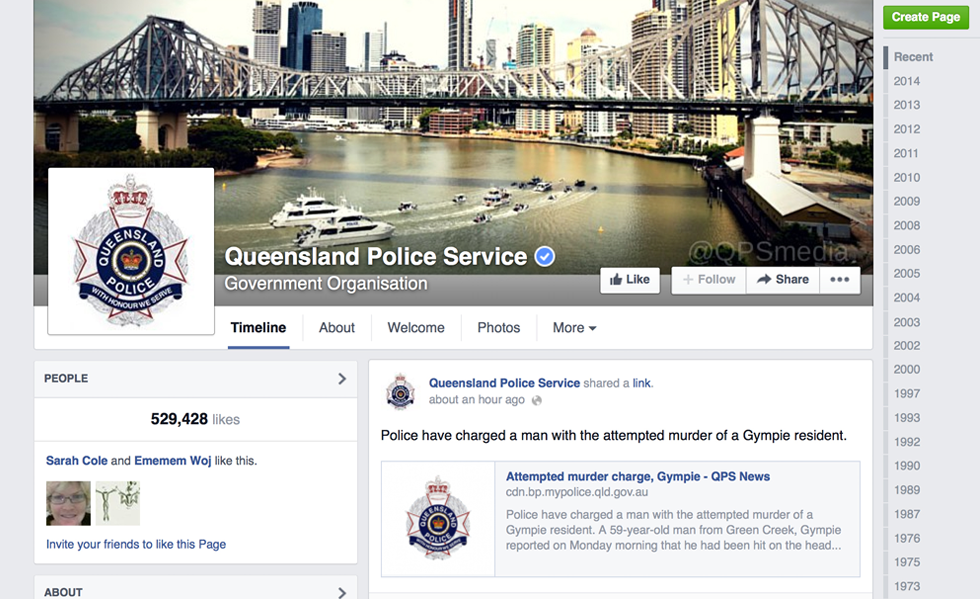 Screenshot of the Queensland Police Facebook page.