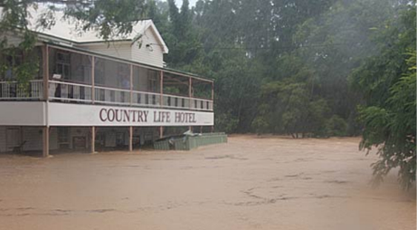A photo of very high flood waters around the hotel.