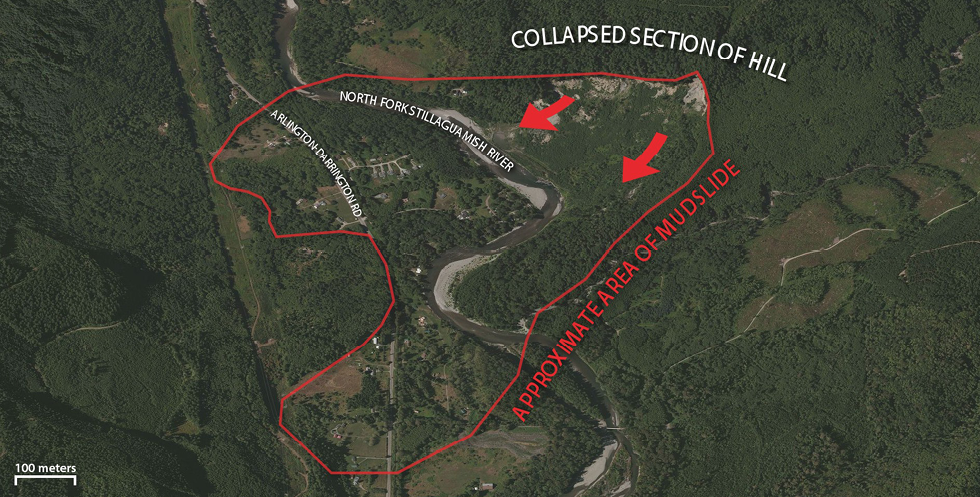 A satellite image showing the site of the mudslide.