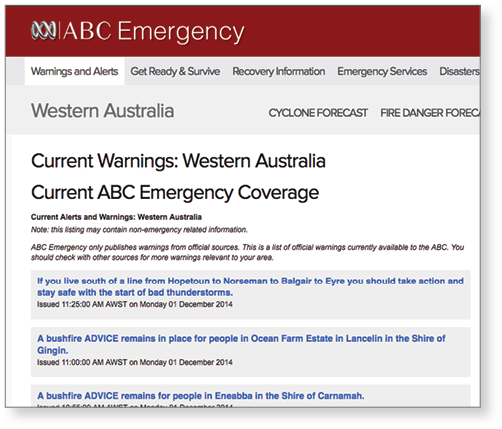 Screenshot of the ABC Emergency website