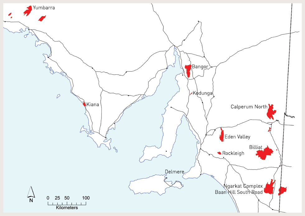 A map showing the location of the fires near Yumbarra, Bangor, Kiana, Calperum North, Eden Valley, Rockleigh, Billiat, Ngarkat Complex and Baan Hill South Road.