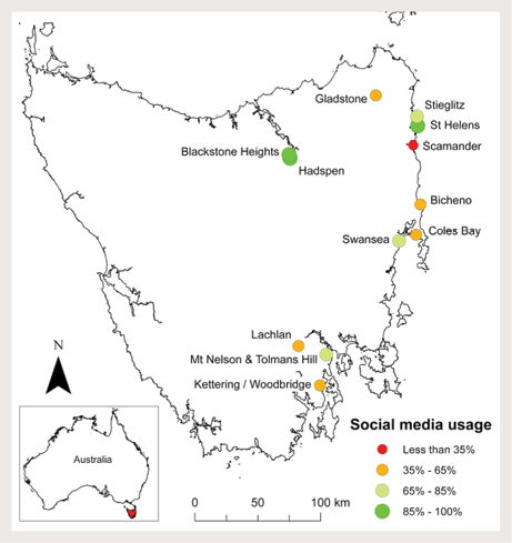 A map of Tasmania showing social media usage. Usage is highest (85–100%) in Blackstone Heights, Hadspen and St Helens, moderate (65–84%) in Stieglitz, Swansea, Mt Nelson and Tolmans Hill, low (35–64%) in Gladstone, Bicheno, Coles Bay, Lachlan and Kettering/Woodbridge, and very low (less than 35%) in Scamander.
