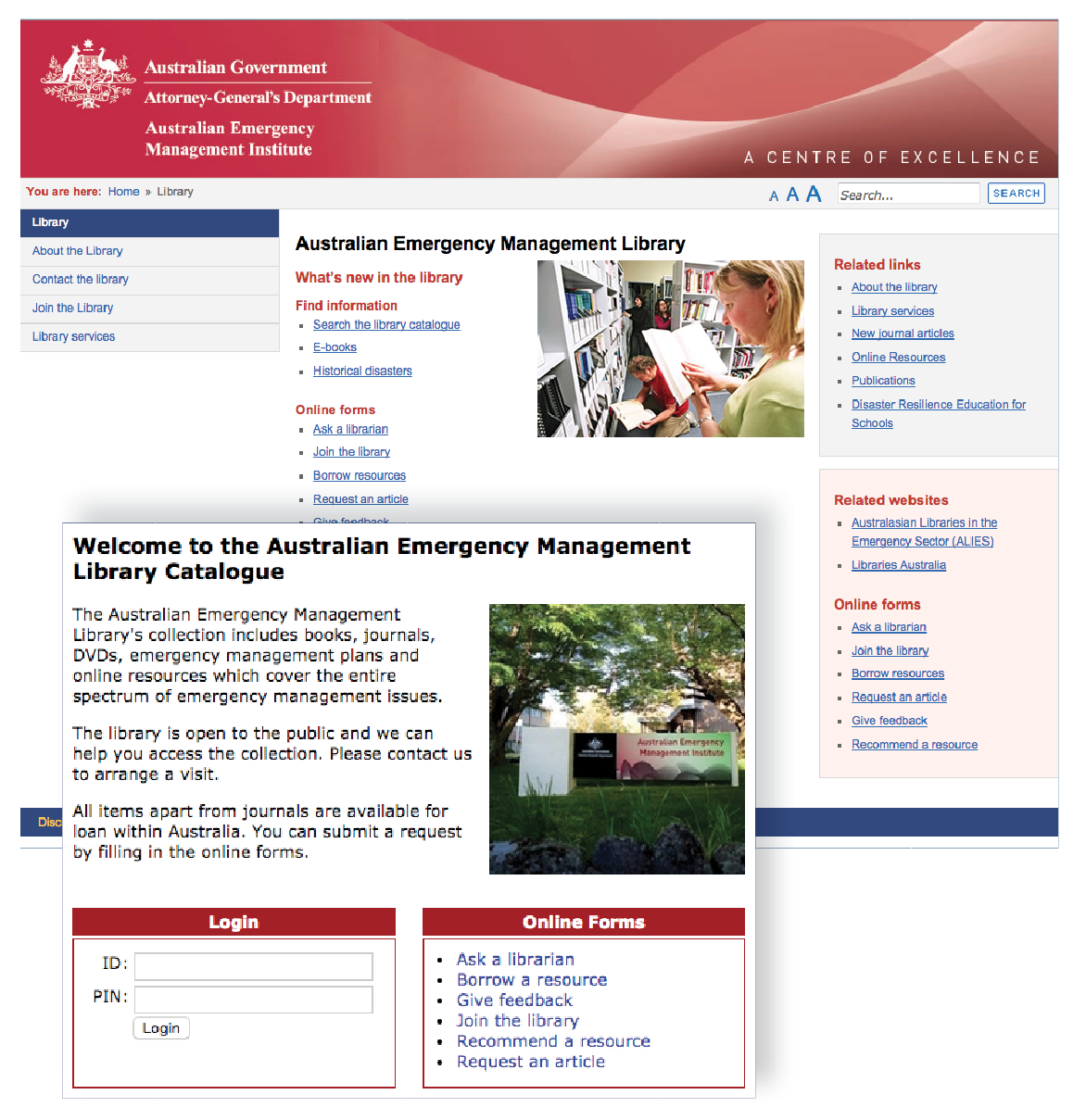 A screenshot of the Australian Emergency Management Library homepage and catalogue website