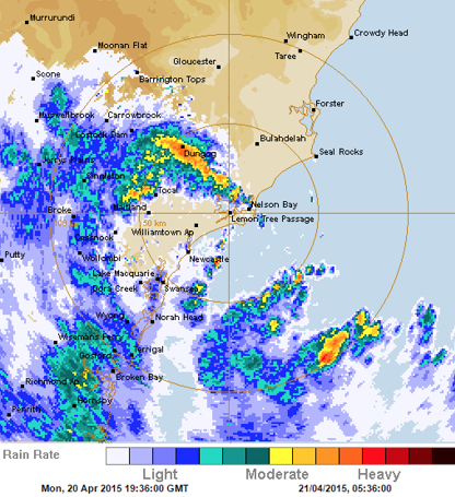 Bureau of Meteorology radar map of the New South Wales coast from Crowdy Head to Hornsby showing intense rainfall over Dungog, extending south over the Central Coast and out to sea east of Terrigal.