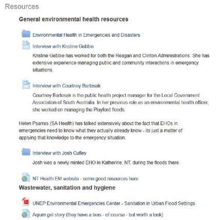 Screenshot of the resources page shows the heading ‘General environmental health resources’ and a list of folders and documents.