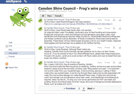 Screenshot of the Camden Shire Council’s emSpace page has an illustration of a frog and a number of text posts.