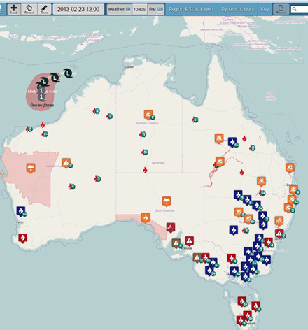 A screenshot of the ERIC web tool shows a map of Australia and an array of different icons spread across the country including cyclone icons off the north-west coast. There is a tool bar at the top of the screenshot.