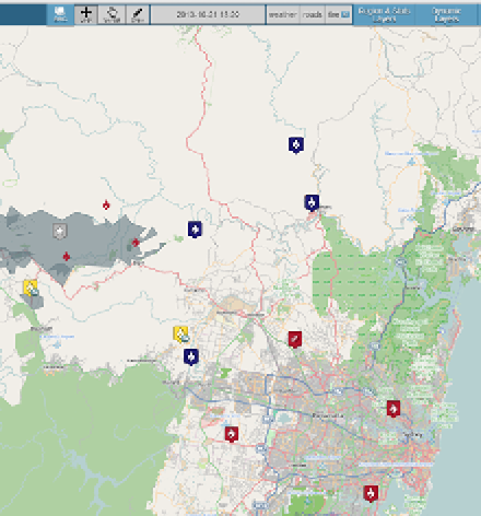 A screenshot of the ERIC web tool shows a map of Sydney and northern New South Wales and an array of different icons. A grey area to the north west of Sydney indicates a large fire region. There is a tool bar at the top of the screenshot.