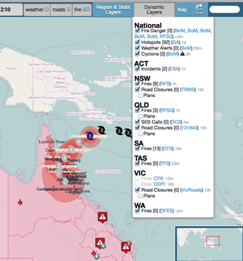 A screenshot of the ERIC web tool shows a map of northern Queensland and PNG with cyclone icons tracking west towards the eastern coast of Cape York Peninsula. There is a tool bar at the top of the screenshot and an additional drop-down panel from the Dynamic Layers menu open on the right half of the screen showing a list of tick boxes for events organised by state.