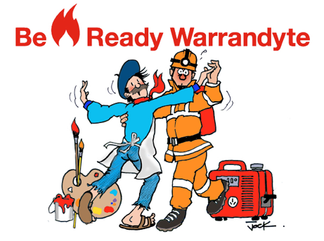 A cartoon illustration of an art painter dancing with a fire fighter, below the words ‘Be fire ready Warrandyte’.