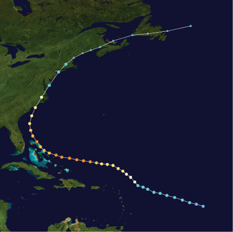 A satellite image of eastern United States, Cuba and the North Atlantic Ocean showing the track of a hurricane moving from the south east, north west towards Florida then turning north east and travelling up the east coast of the US and petering out beyond Canada.