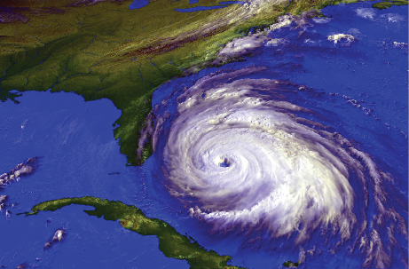 A satellite image of a hurricane approaching Florida and Cuba.