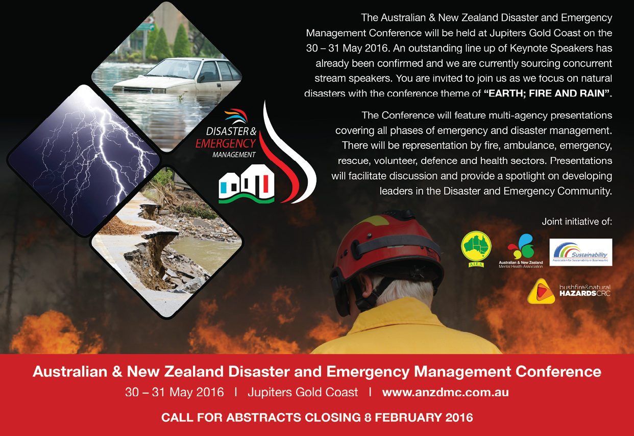 Advertisement for the Australian and New Zealand Disaster and Emergency Management Conference, 30–31 May 2016 at Jupiters Gold Coast.