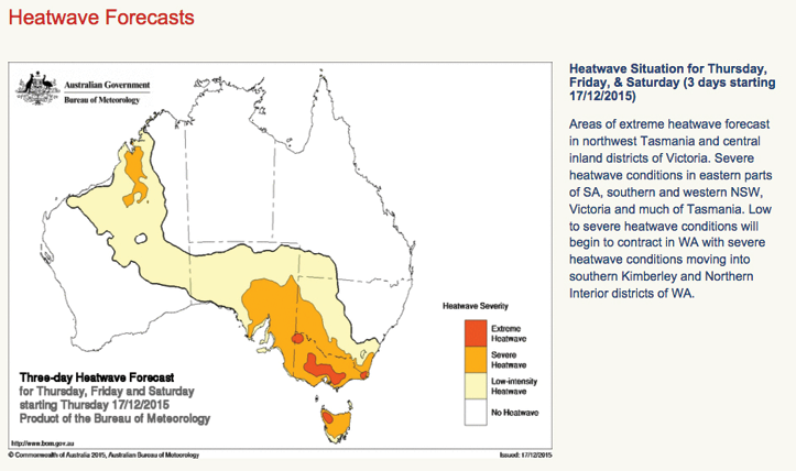 Screenshot of BOM website heatwave forecast shows a map of Australia with colour-coded regions according to heatwave severity. A text description is given beside the map.