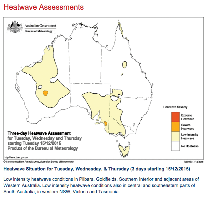 Screenshot of BOM website heatwave assessment shows a map of Australia with colour-coded regions according to heatwave severity. A text description is given below the map.