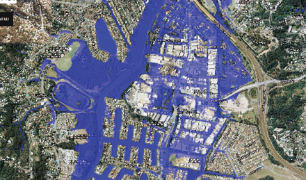 An aerial view of a harbour landscape with simulated water inundation.