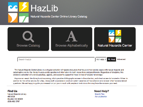 A screenshot of the Natural Hazards Centre Library website.