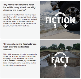 A screenshot of the Queensland Government floodwater safety website showing some quotes with ‘fact’ or ‘fiction’ beside them.