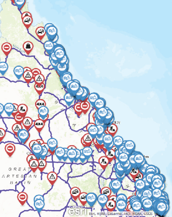 A screenshot of the Queensland Government floodwater safety website showing a map of Queensland with a variety of warning icons.
