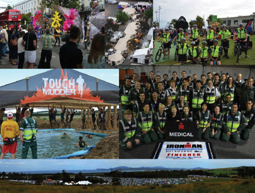 A collage of images showing different aspects of emergency management events, such as an Ironman triathlon and a mud race. 