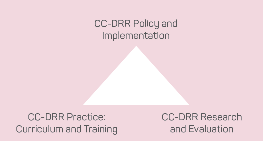 A triangle-shaped graphic, with CC-DRR Policy and Implementation sitting on the top; CC-DRR Practice: Curriculum and Training on the left point; and CC-DRR Research and Evaluation on the right point.