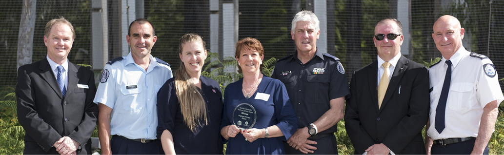 A photo of Dr John Bates, Director of the Australian Institute for Disaster Resilience, together with recipients of 2016 Resilient Australia Awards: Andrew Rankin, AIDR, Anglesea Fire Brigade; Emma Taunt, CFA; Pamela Sandlant, Anglesea Primary School; Jamie MacKenzie, CFA; Mark Crosweller, Director General Emergency Management Australia; and Craig Lapsley, Victoria Emergency Management Commissioner.