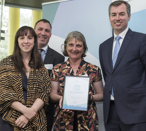 A photo of Lucy Saaroni, Kim O’Connor and Mayor Amanda Stone, Yarra City Council, with The Hon. Michael Keenan MP at the 2016 Resilient Australia Awards National Ceremony.