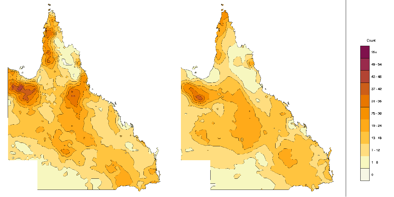 Two maps of Queensland showing the number of severe heatwaves forecast at lead time 1 and observed in the warm seasons of 2013–14 to 2015–16. The maps show that the number of observed heatwaves were slightly less than forecasted.