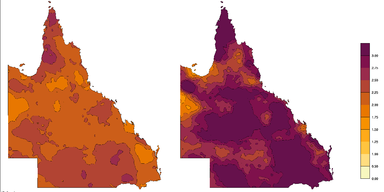 Two maps of Queensland showing the average annual number of three-day periods with EHF greater than EHF85. The left-hand map shows that from 1958 to 2011, the number of days were generally on the middle to lower end of the scale. The right-hand map shows that from 1986 to 2015, the number of days were generally on the higher end of the scale.