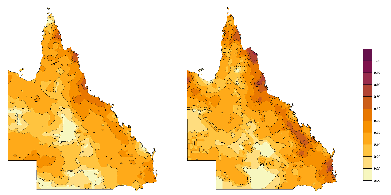 Two maps of Queensland showing the average annual number of three-day periods with EHF greater than three EHF85. The left-hand map shows that from 1958 to 2011, the number of days were generally on the lower end of the scale. The right-hand map shows that from 1986 to 2015, the number of days were generally on the lower to middle end of the scale.