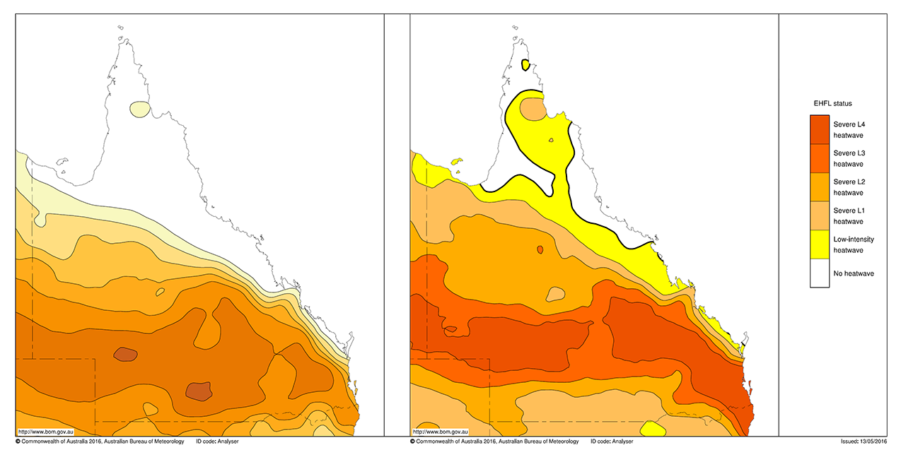 Two maps of Queensland showing the integrated positive EHF and maximum heatwave severity level for December 1972. The left-hand map shows that the integrated positive EHF was on the lower to middle end of the scale and the right-hand map shows that the maximum heatwave security level was on the middle to upper end of the scale. Both maps show higher results for an area across the lower half of the state.