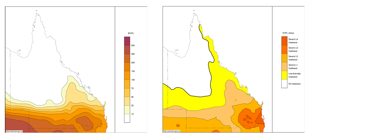 Two maps of Queensland showing the integrated positive EHF and maximum heatwave severity level for February 2004. Both maps show higher results for an area across the lower half of the state. 