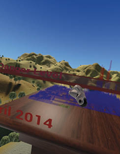 A virtual reality image of a landscape and a desk, representing delays between the disaster and funding in 2010.