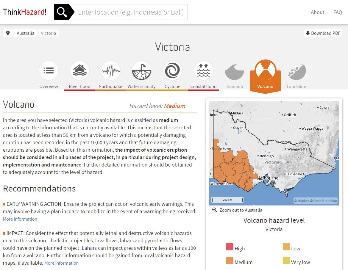 Screenshot of a ThinkHazard! webpage, showing the volcano hazard level for Victoria, including a map of Victoria and recommendations associated with this hazard.