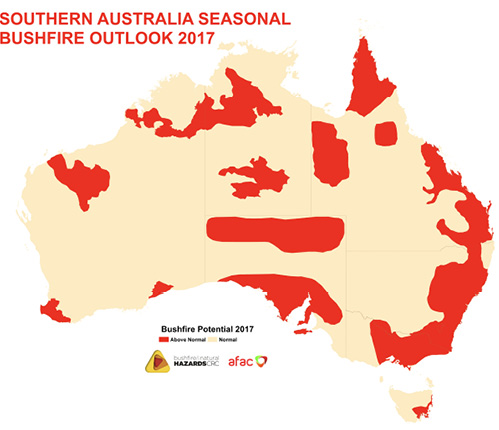 Map of Australia showing the seasonal bushfire outlook for 2017. Areas of high potential are the areas around Perth, Broome, Darwin and Katherine, far north Queensland, some of inland Queensland, the east coast from Cairns to Melbourne, Hobart, and Alice Springs. In additional nearly all of Victoria, and southern and northern South Australia have high potential.