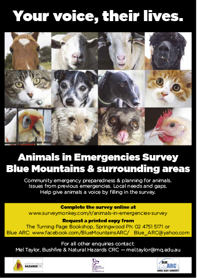 Poster advertising the Blue ARC survey. The poster includes pictures of various animals, and contact information to access the survey.