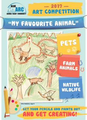 Poster for the art competition, showing a children’s drawing of animals.