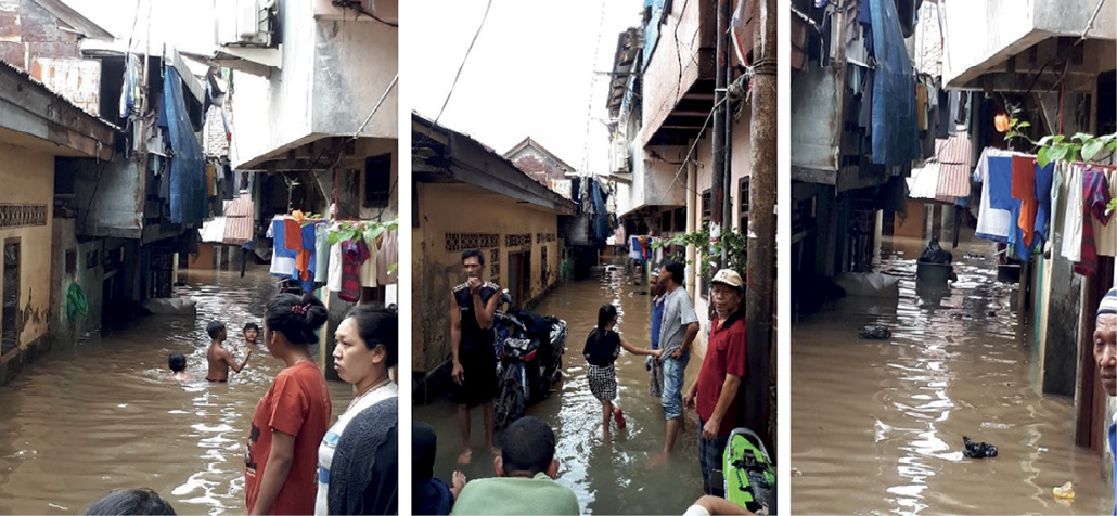 A series of images showing people standing in knee-high floodwaters around homes. Children can be seen playing and swimming in the water.