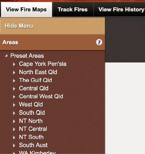Screenshot of the menu on the North Australia and Rangelands Fire Information (NAFI) website.